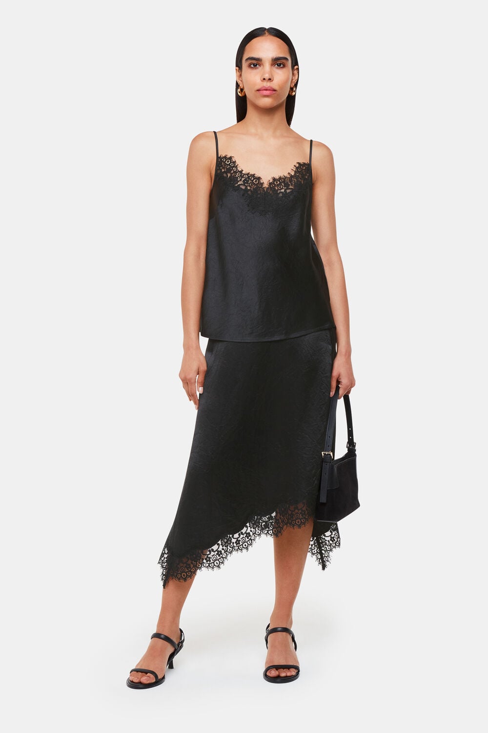 Black Lace Trim Midi Skirt