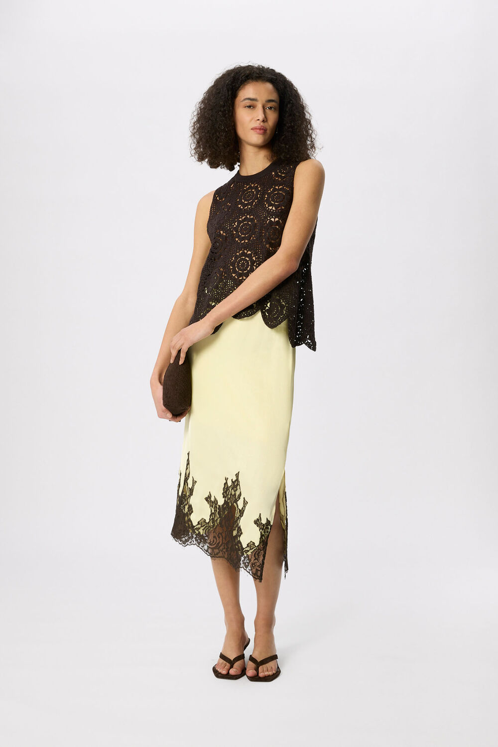 Yellow Lace Hem Satin Midi Skirt