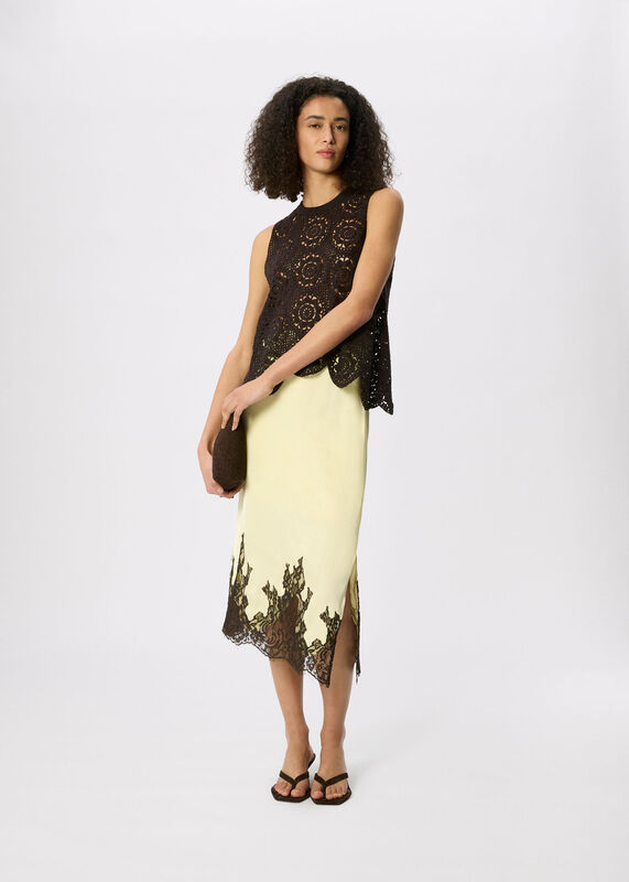 Yellow Lace Hem Satin Midi Skirt