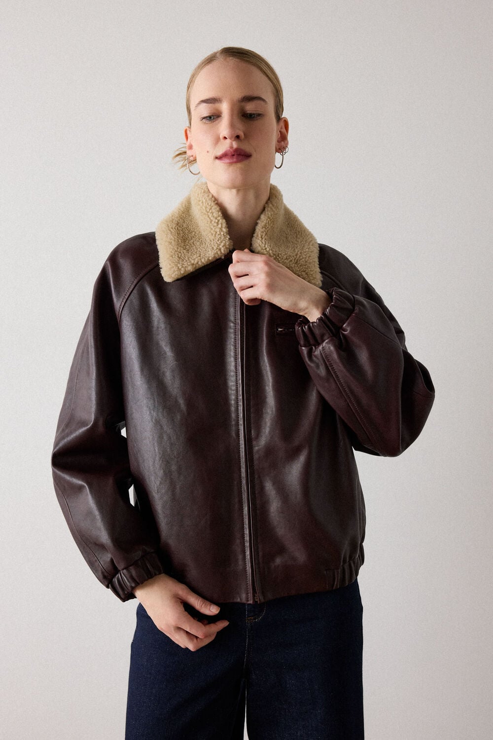 Burgundy Shearling Trim Leather Bomber