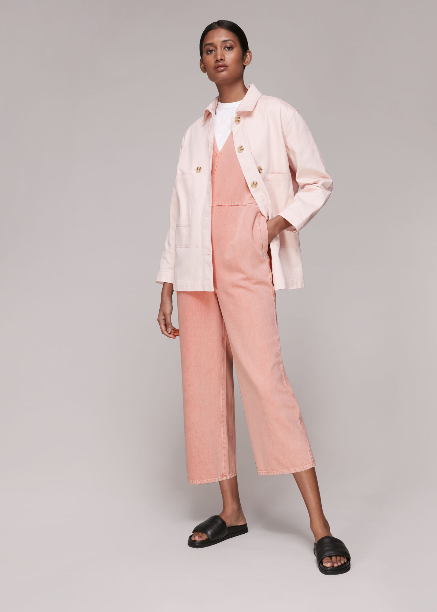 Pink V Neck Denim Jumpsuit WHISTLES Whistles UK