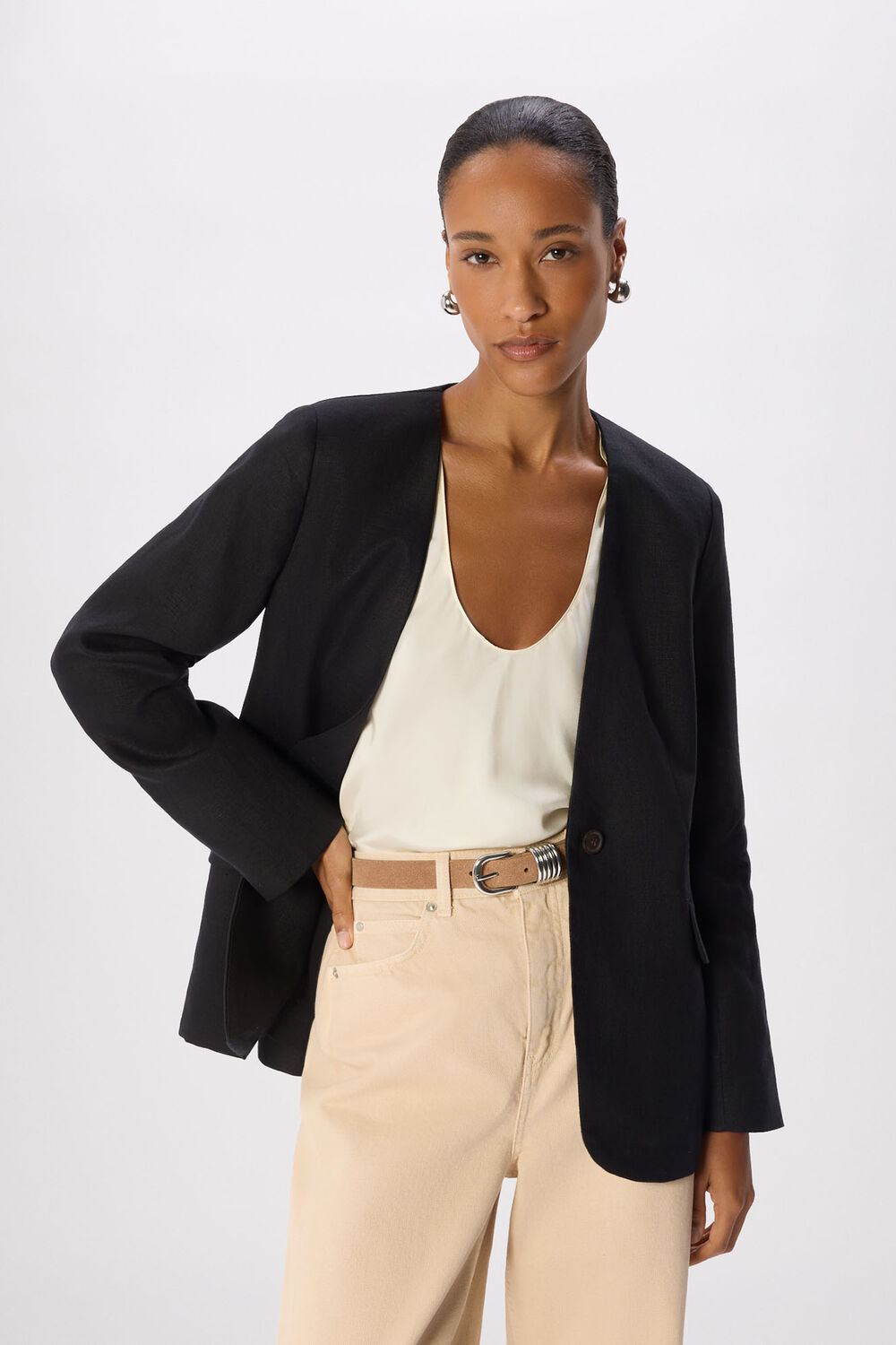 Black Petite Collarless Linen Blazer
