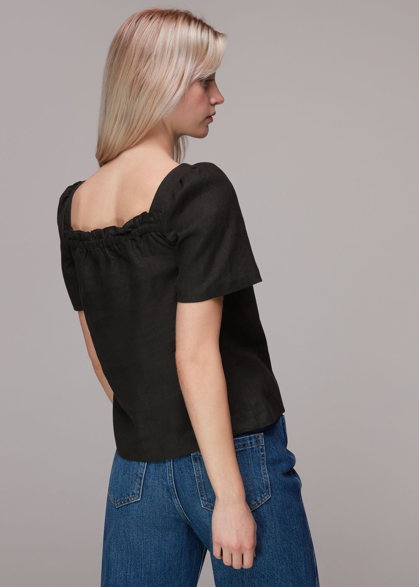 Black Square Neck Linen Top | WHISTLES | Whistles UK |