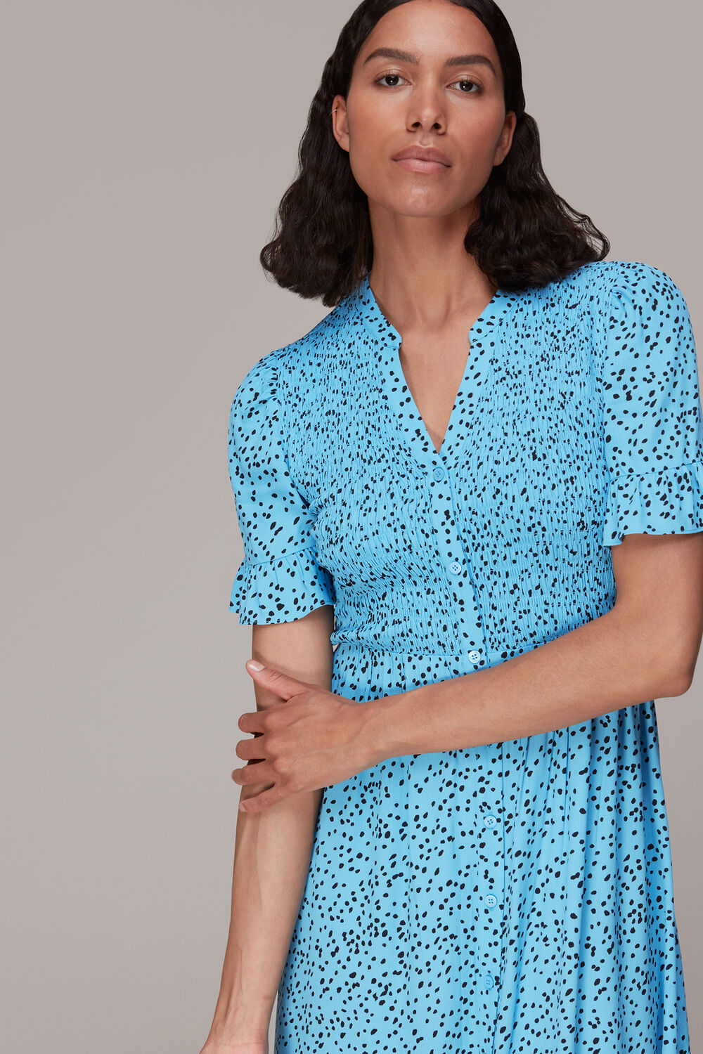 Spotted Dot Shirred Midi Dress