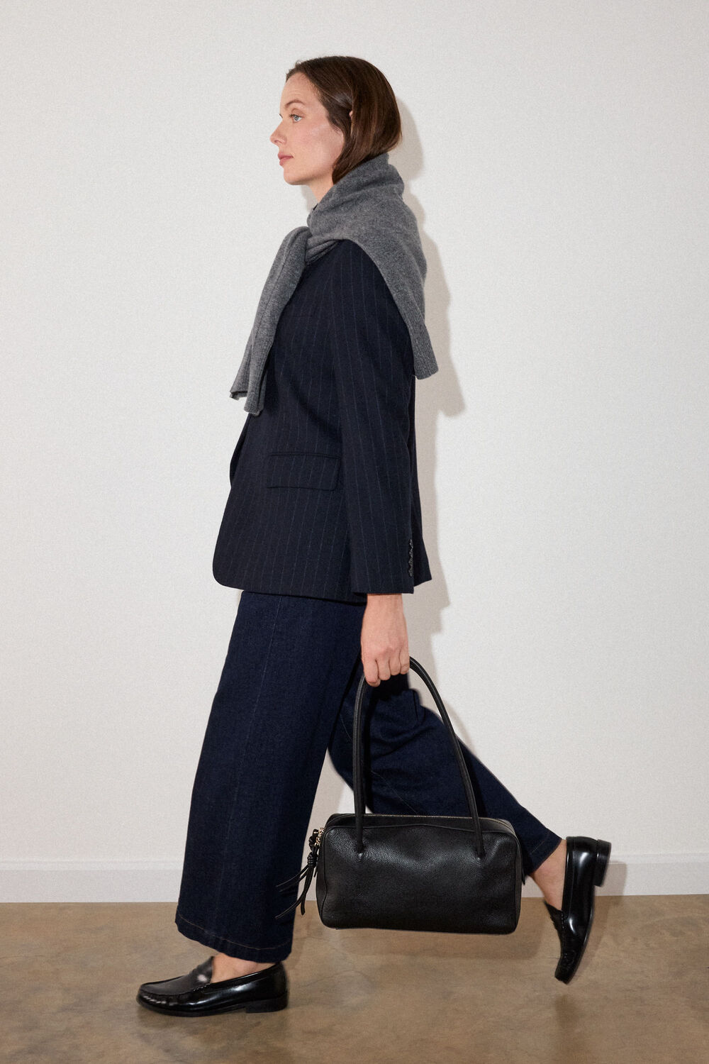 Navy Pinstripe Wool Blend Blazer