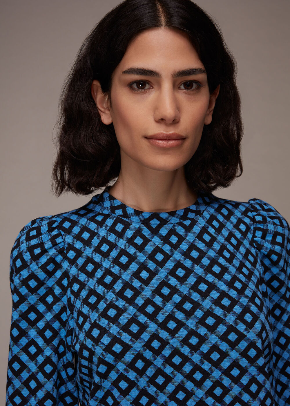 Jacquard Puff Sleeve Check Top