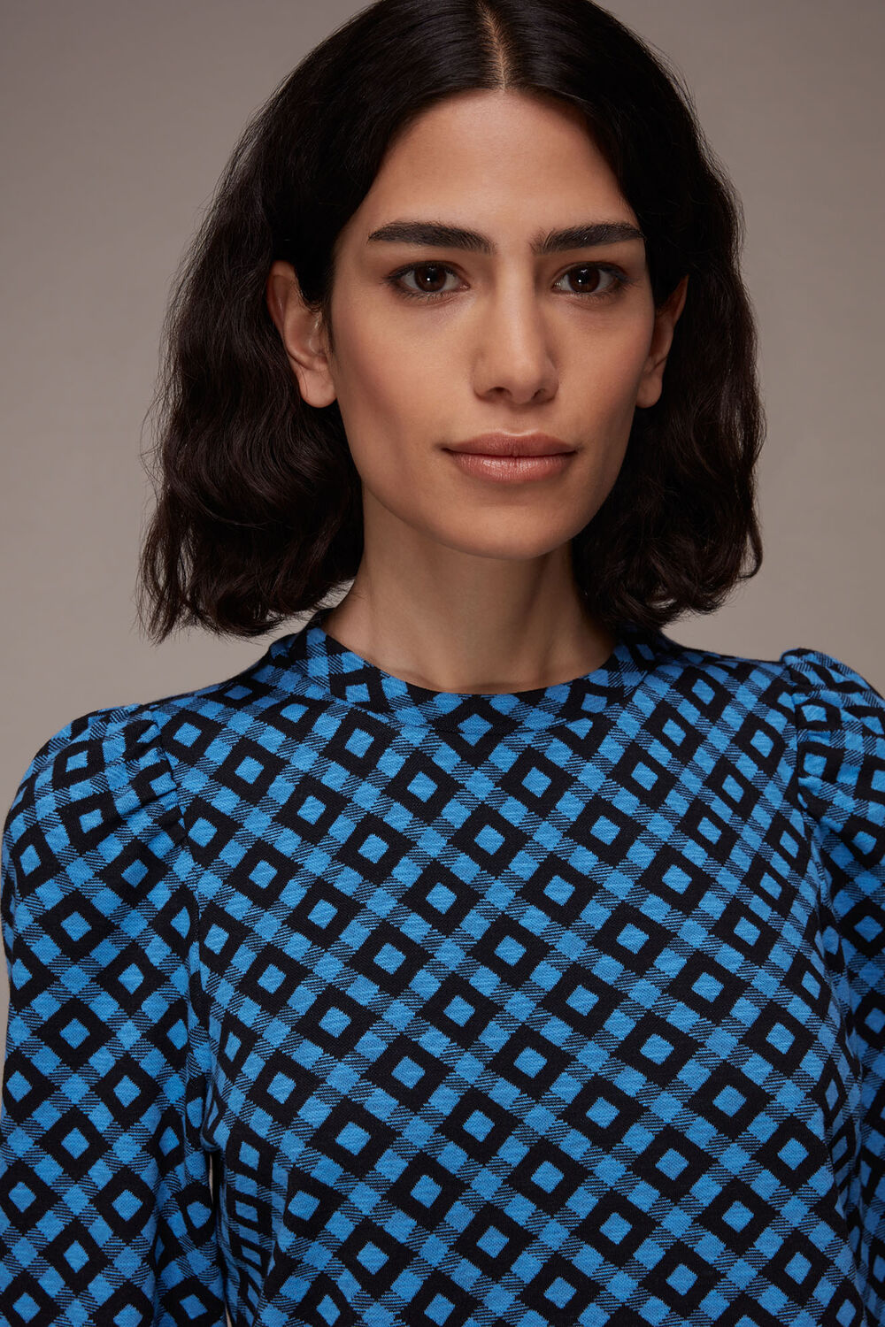 Jacquard Puff Sleeve Check Top