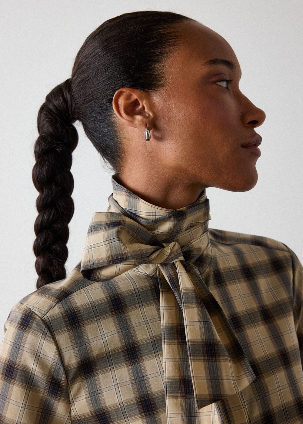 Brown Detachable Scarf Check Shirt