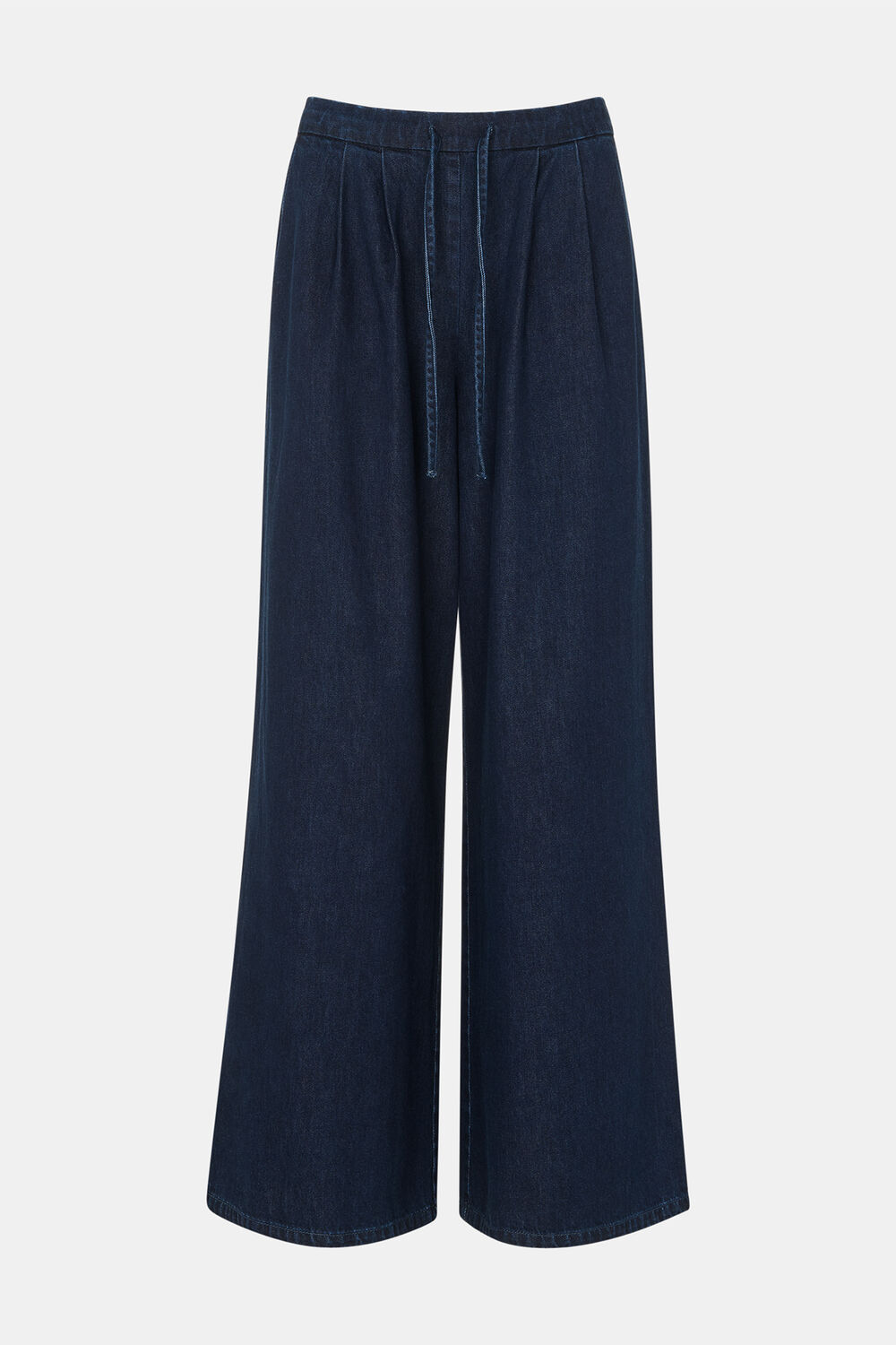 Dark Denim Cotton Wide Leg Pleat Trouser