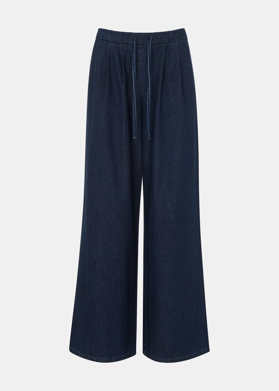 Dark Denim Cotton Wide Leg Pleat Trouser