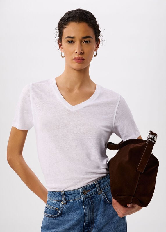 White Linen V Neck T-Shirt