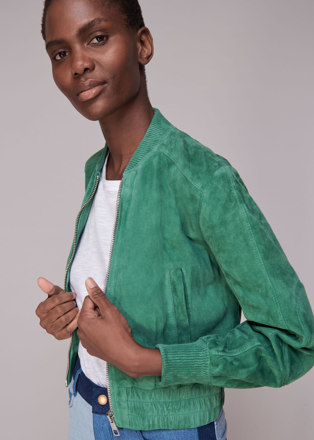 Cropped Suede Bomber Jacket