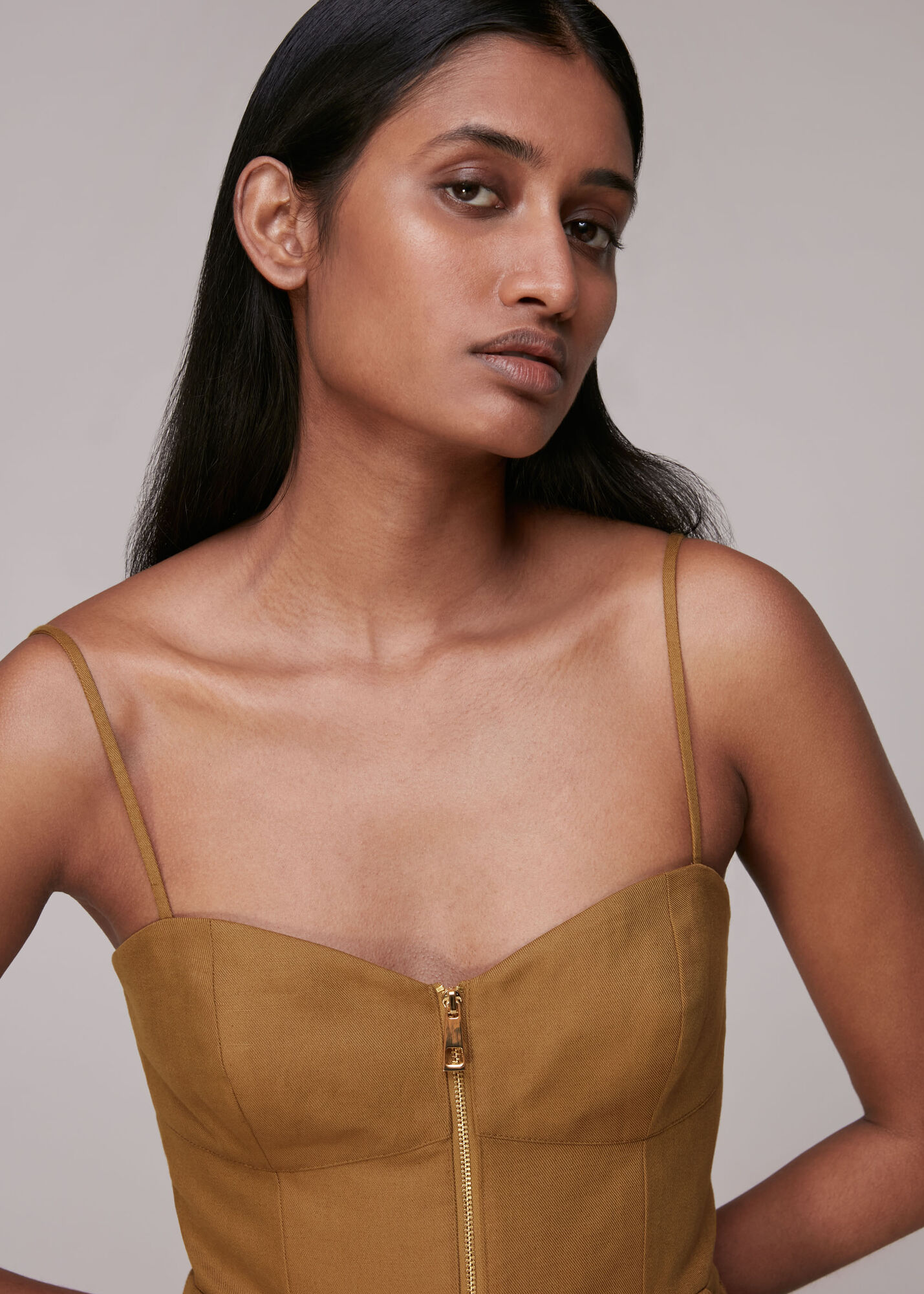 Khaki Zip Detail Linen Jumpsuit WHISTLES