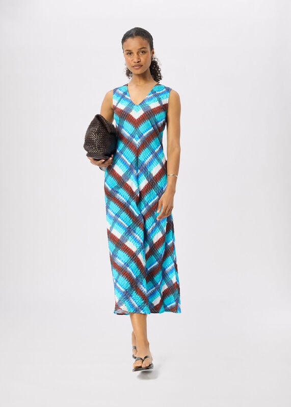 Blue Checked V Neck Textured Dress