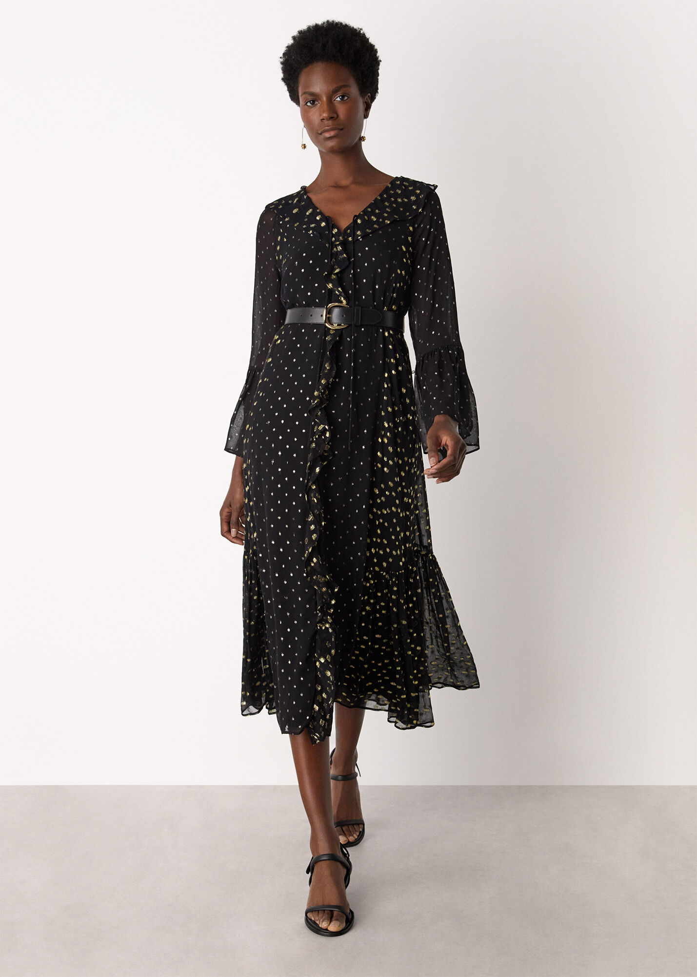 Black/Multi Metallic Dobby Ruffle Dress | WHISTLES | Whistles US |
