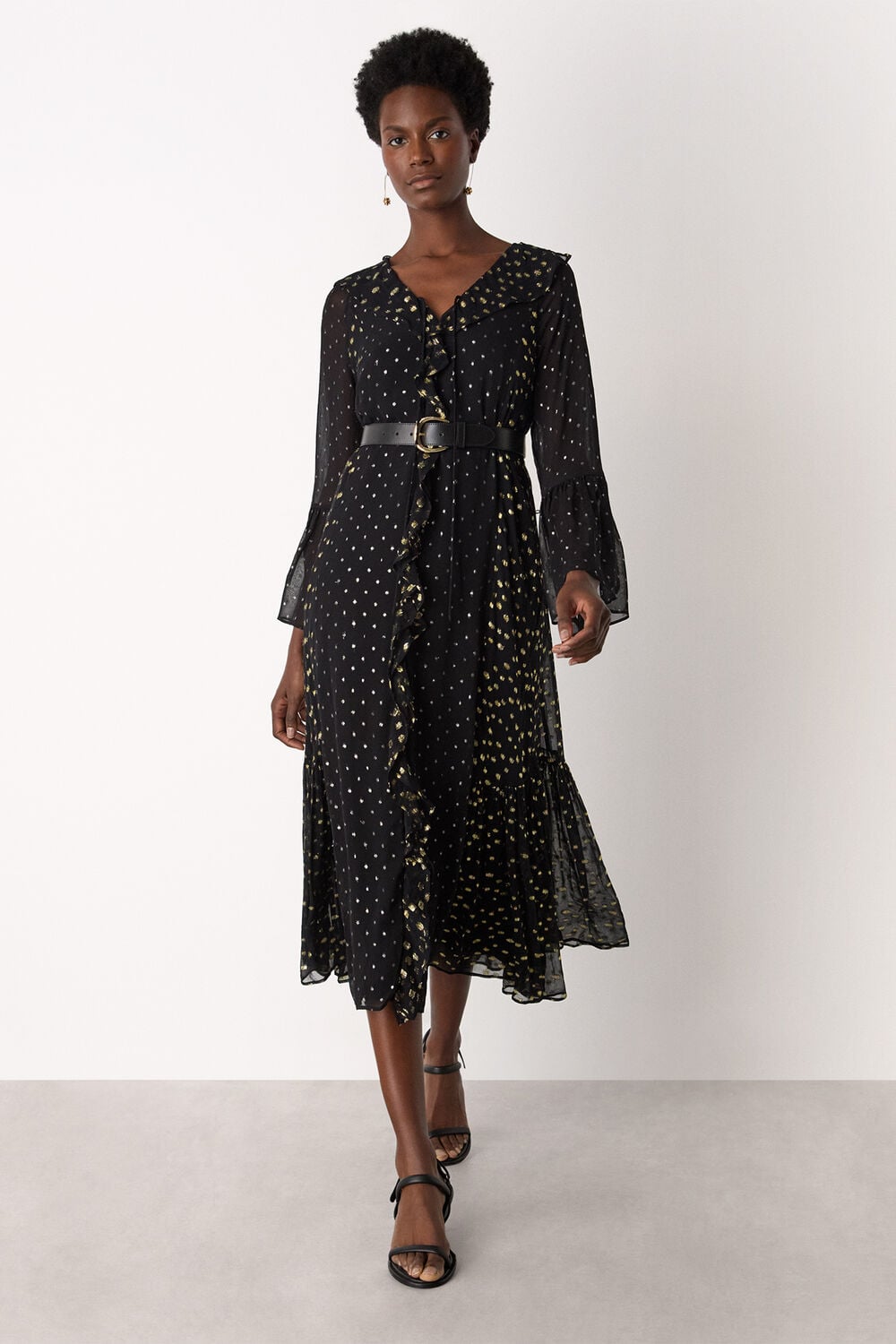 Black Metallic Dobby Ruffle Dress
