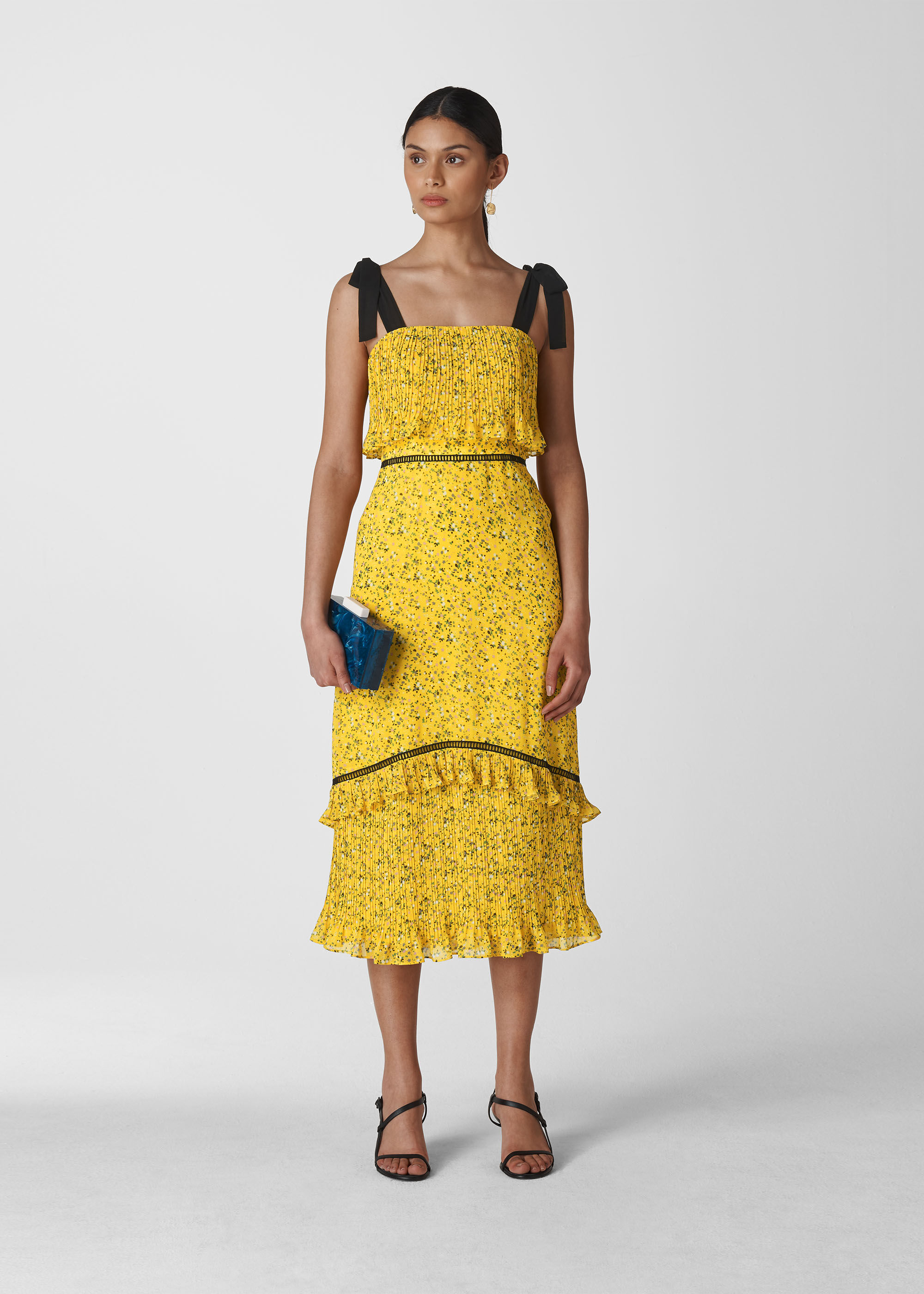 Yellow Multi Ditsy Blossom Pleated Dress WHISTLES