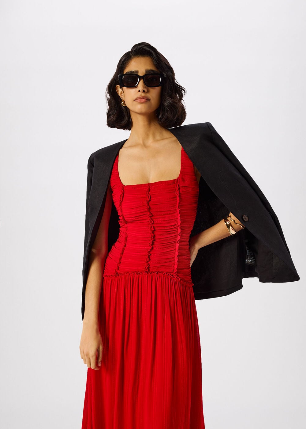 red dress top Toperth V-Neck Side Cut-Out Maxi Toperth 45% Polyester Long Sleeve Bardot Top Red