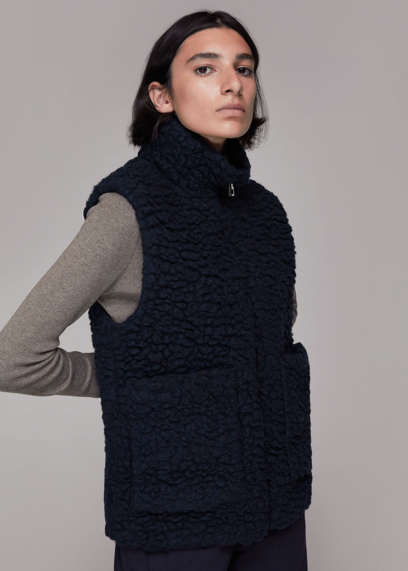Navy Cleo Wool Borg Gilet | WHISTLES | Whistles UK |