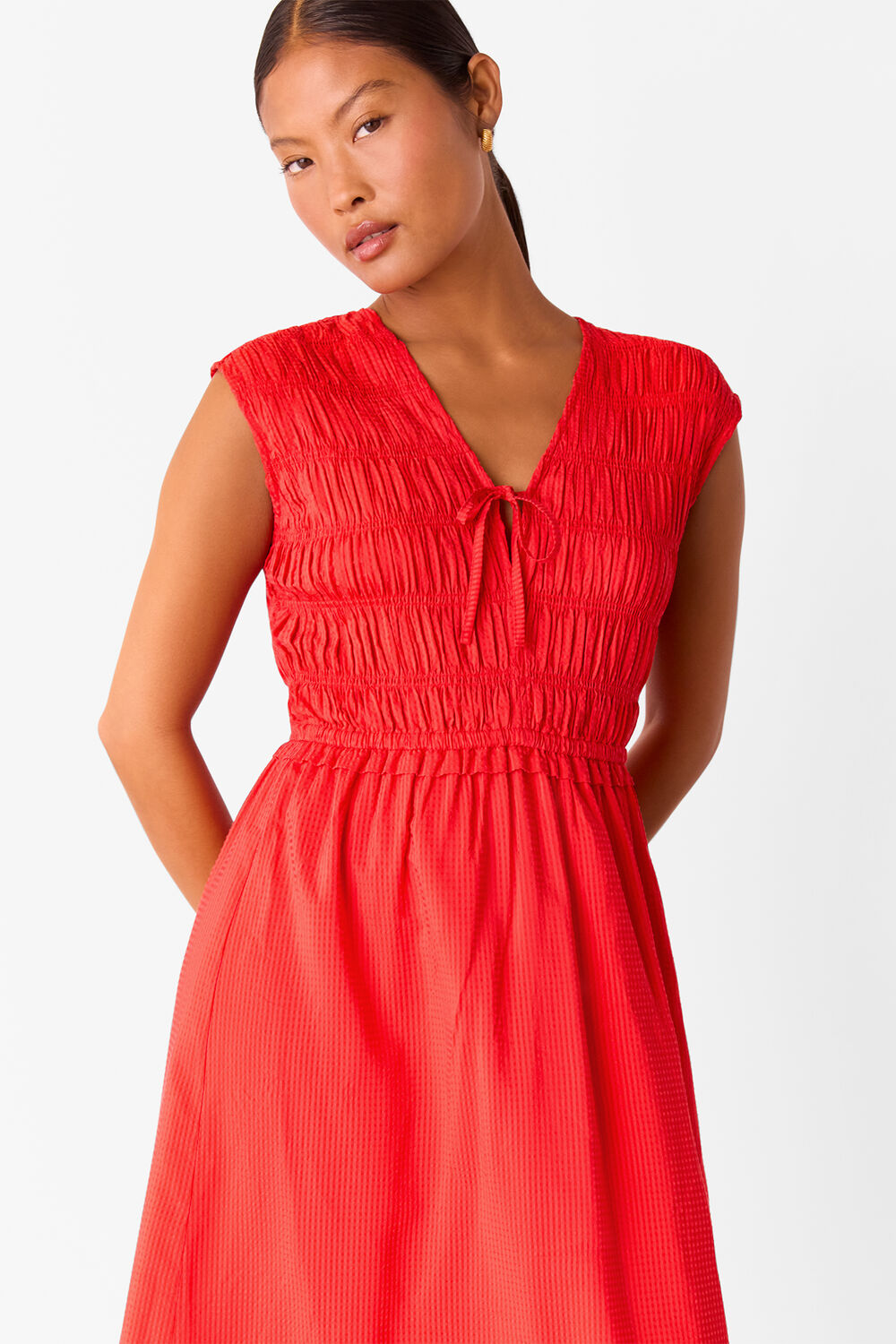 Red Petite Shirred Bodice V Neck Dress