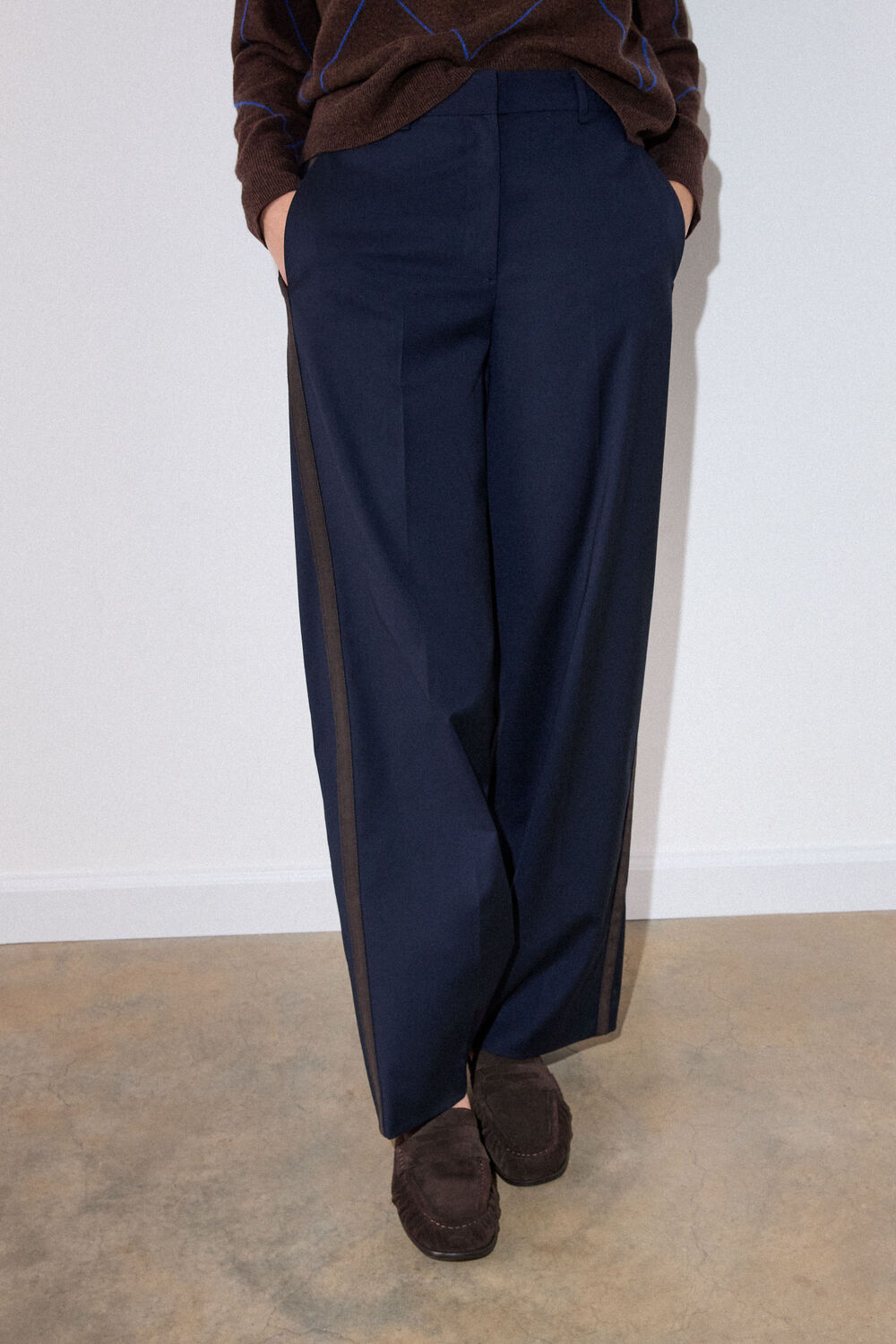 Navy Petite Side Stripe Straight Trouser