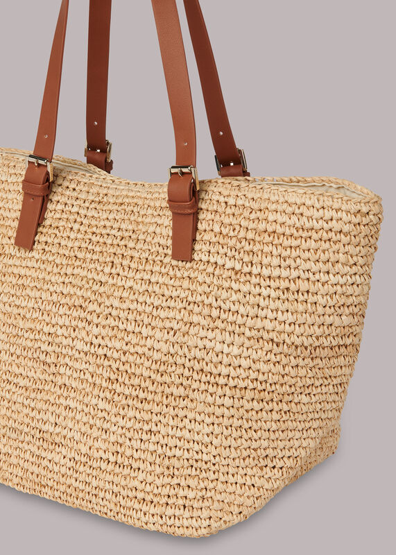 Neutral Teya Buckle Handle Straw Tote