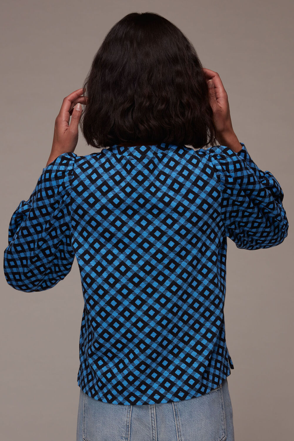 Jacquard Puff Sleeve Check Top