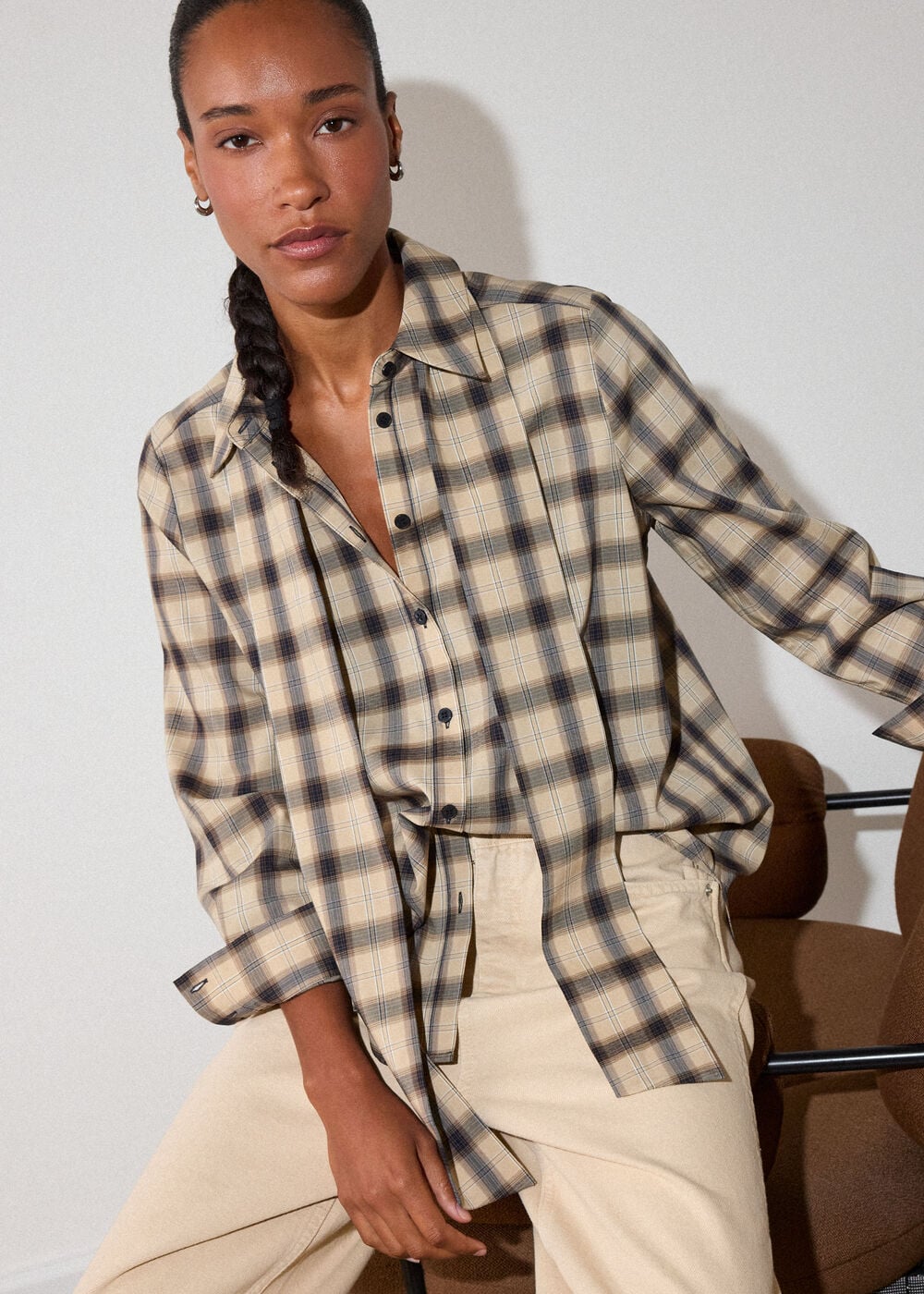 Brown Detachable Scarf Check Shirt