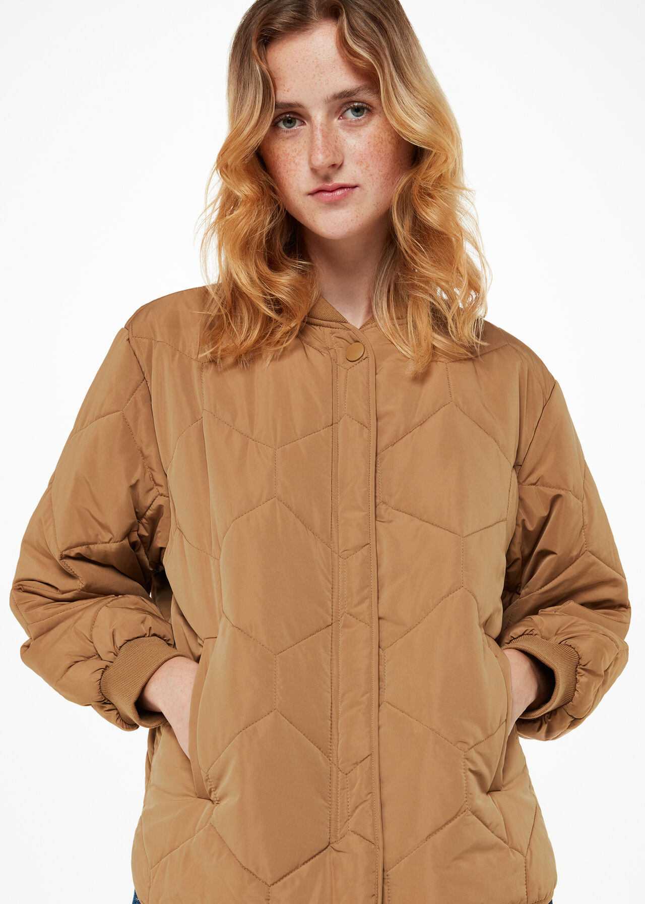 Camel Oversized Quilted Coat with Pockets Whistles Whistles US