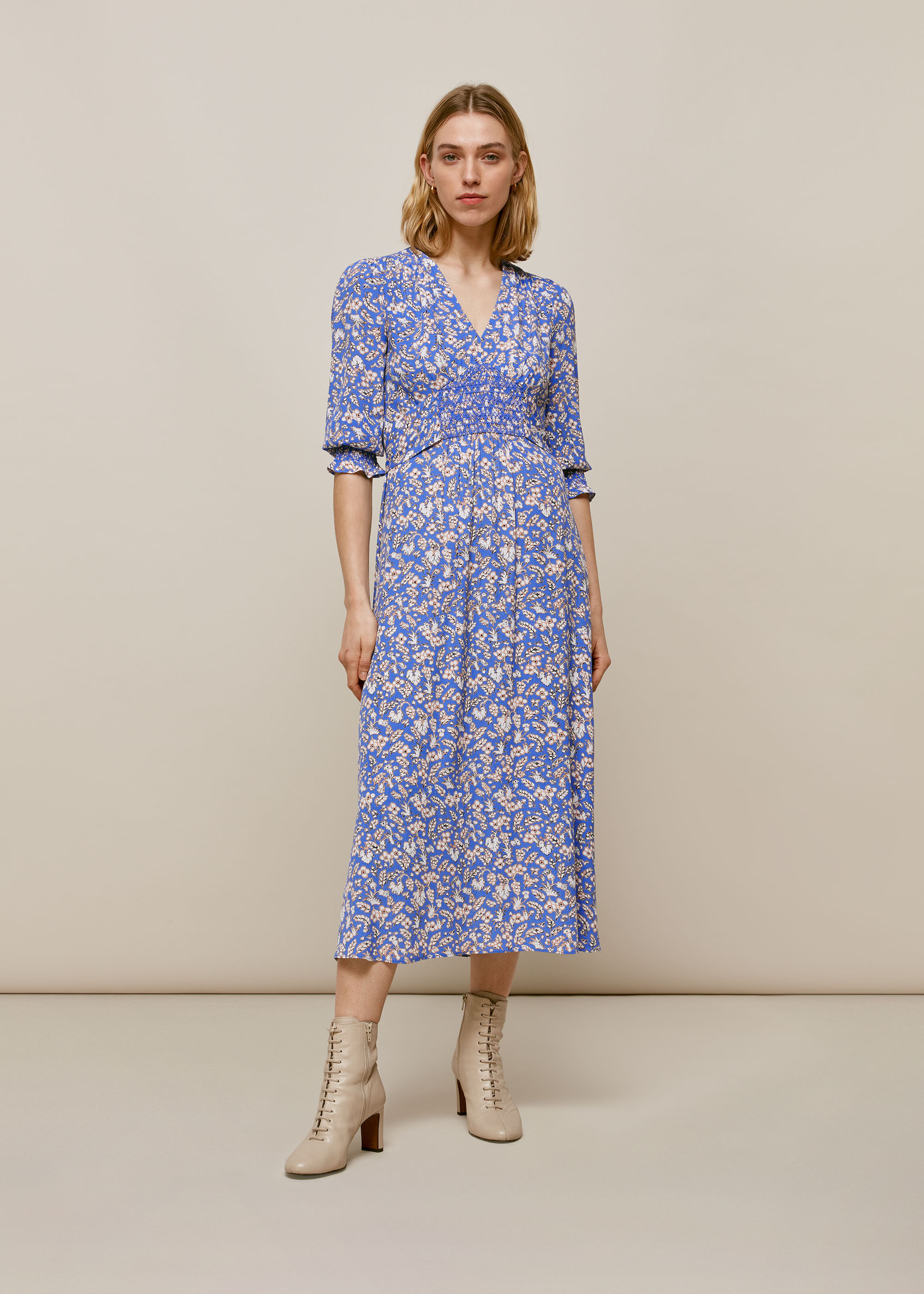 Blue Wheat Floral Shirred Dress