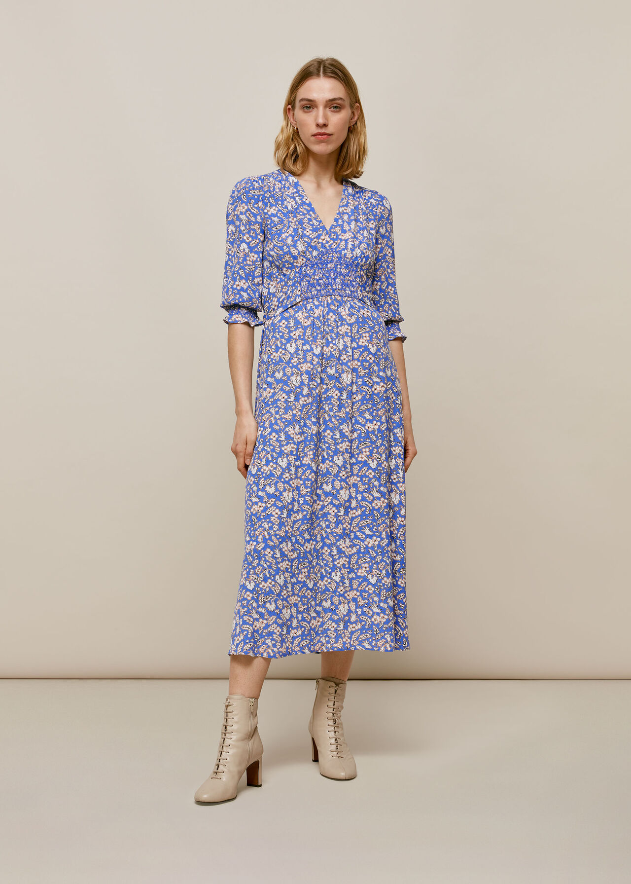 Wheat Floral Shirred Dress