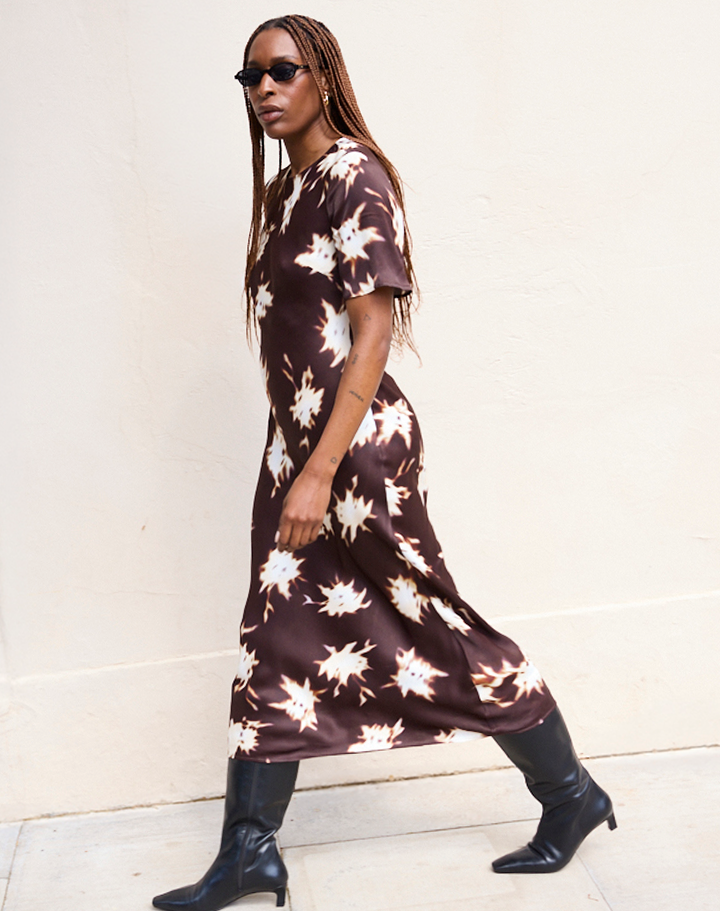 Model wearing a brown floral short sleeve midi dress