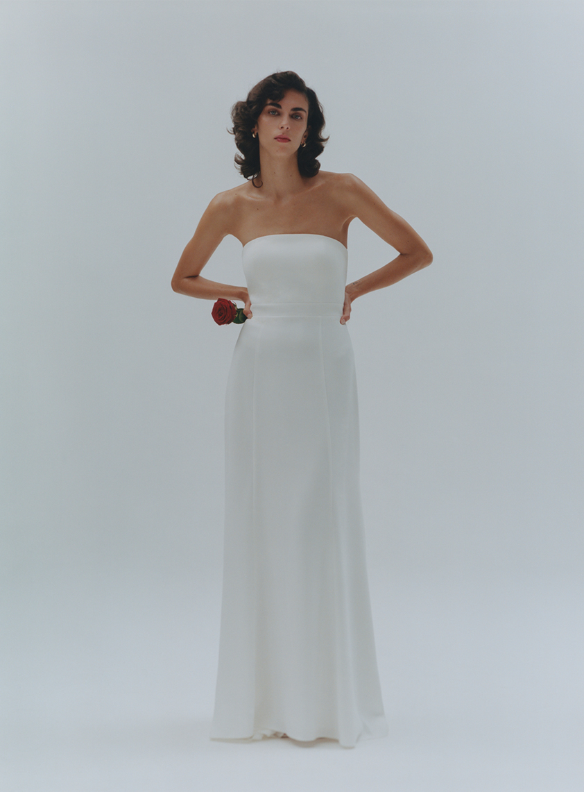 woman wearing a white strapless wedding dress