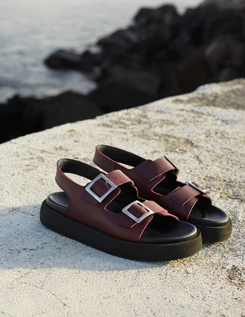 A pair for burgundy sandals