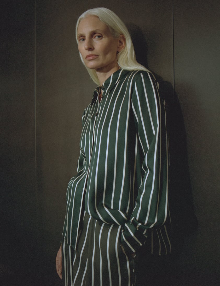 Woman wearing green striped co-ord set