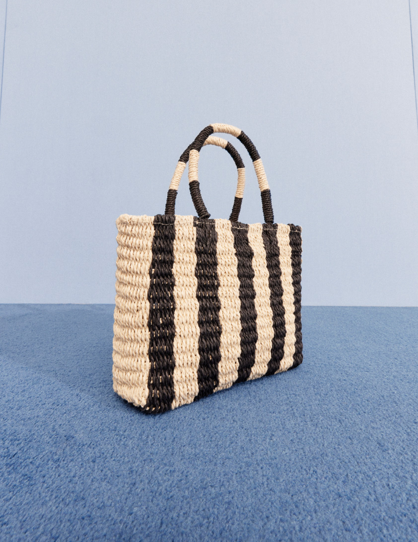 black and white bamboo print straw bag