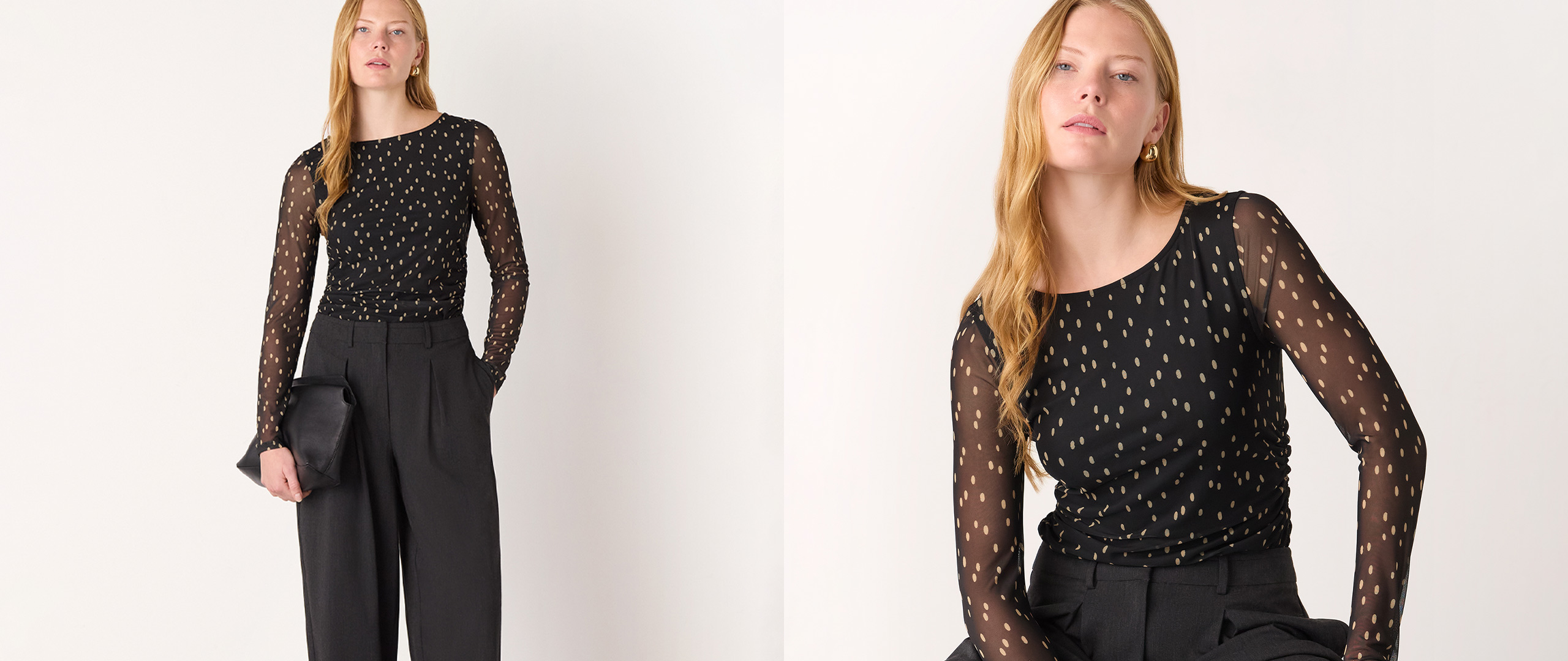 woman wearing spot print mesh top