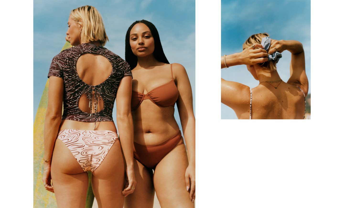 Expect minimal, impeccably crafted silhouettes and high-impact details; see tie fastenings, high-leg designs and contemporary cut-outs at the back – plus a playful scrunchie for days on the beach.