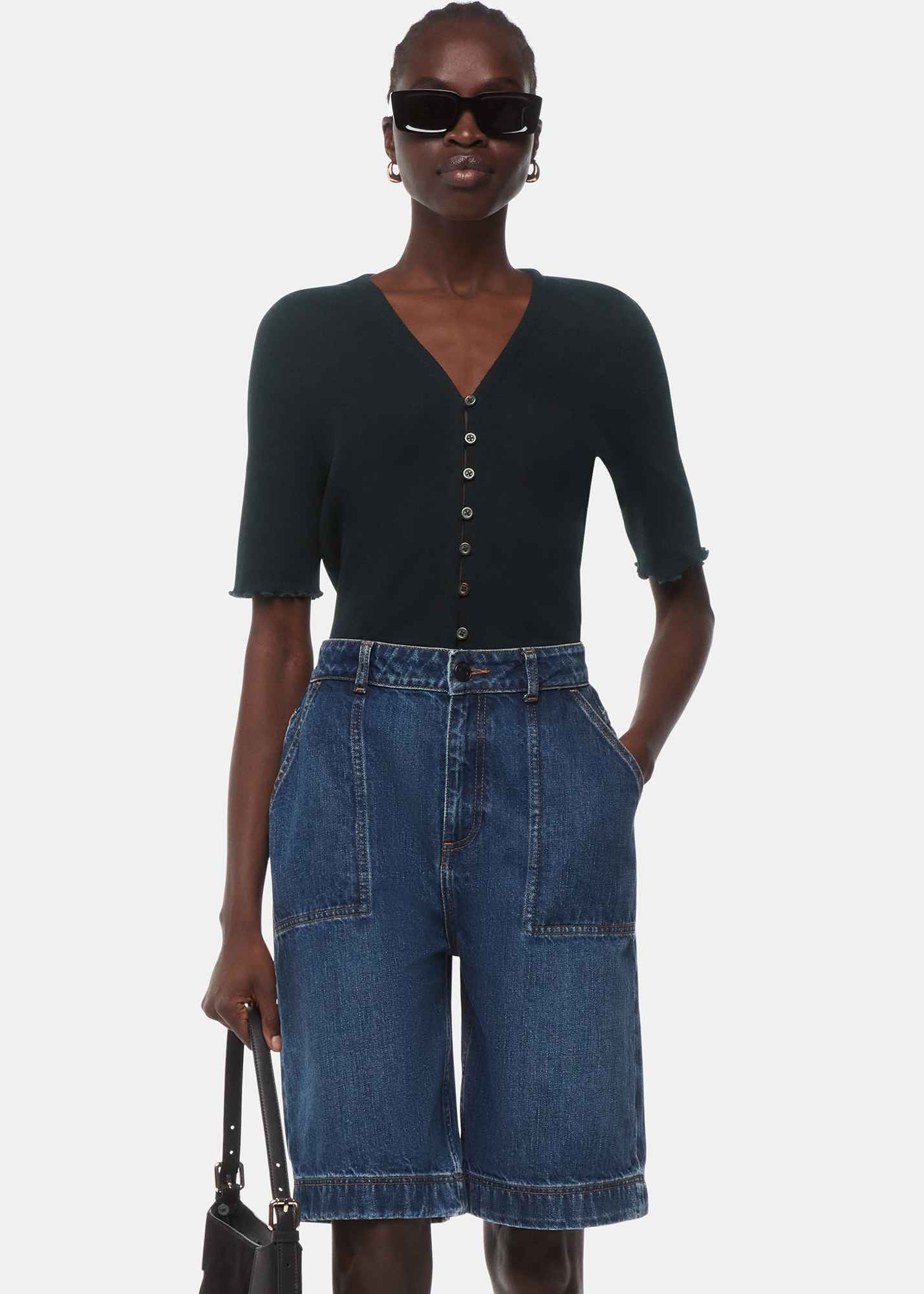 Whistles Women's Black Frill Sleeve Button Front Tee Size 18