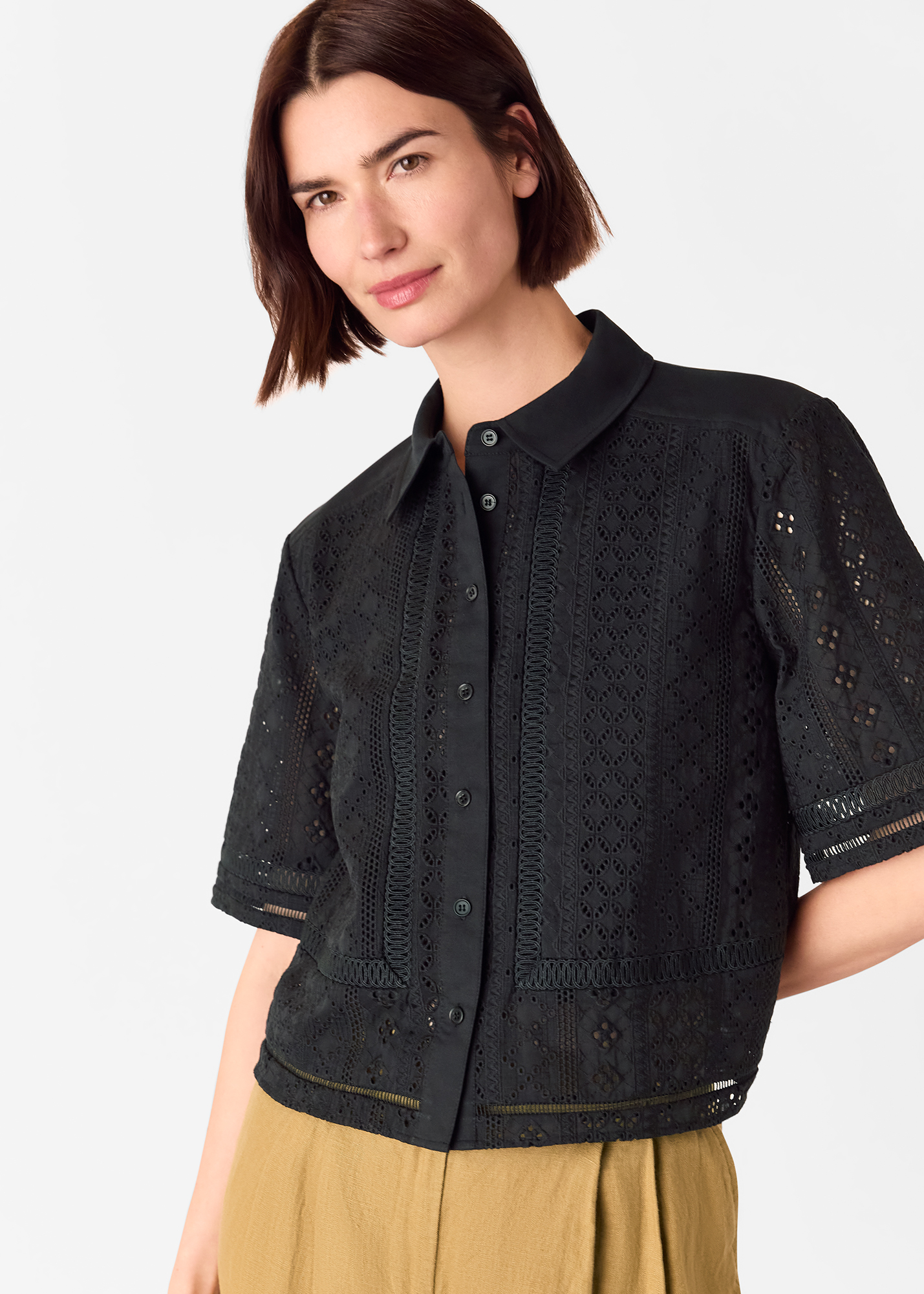 Whistles Women's Black Broderie Cotton Shirt Size 6