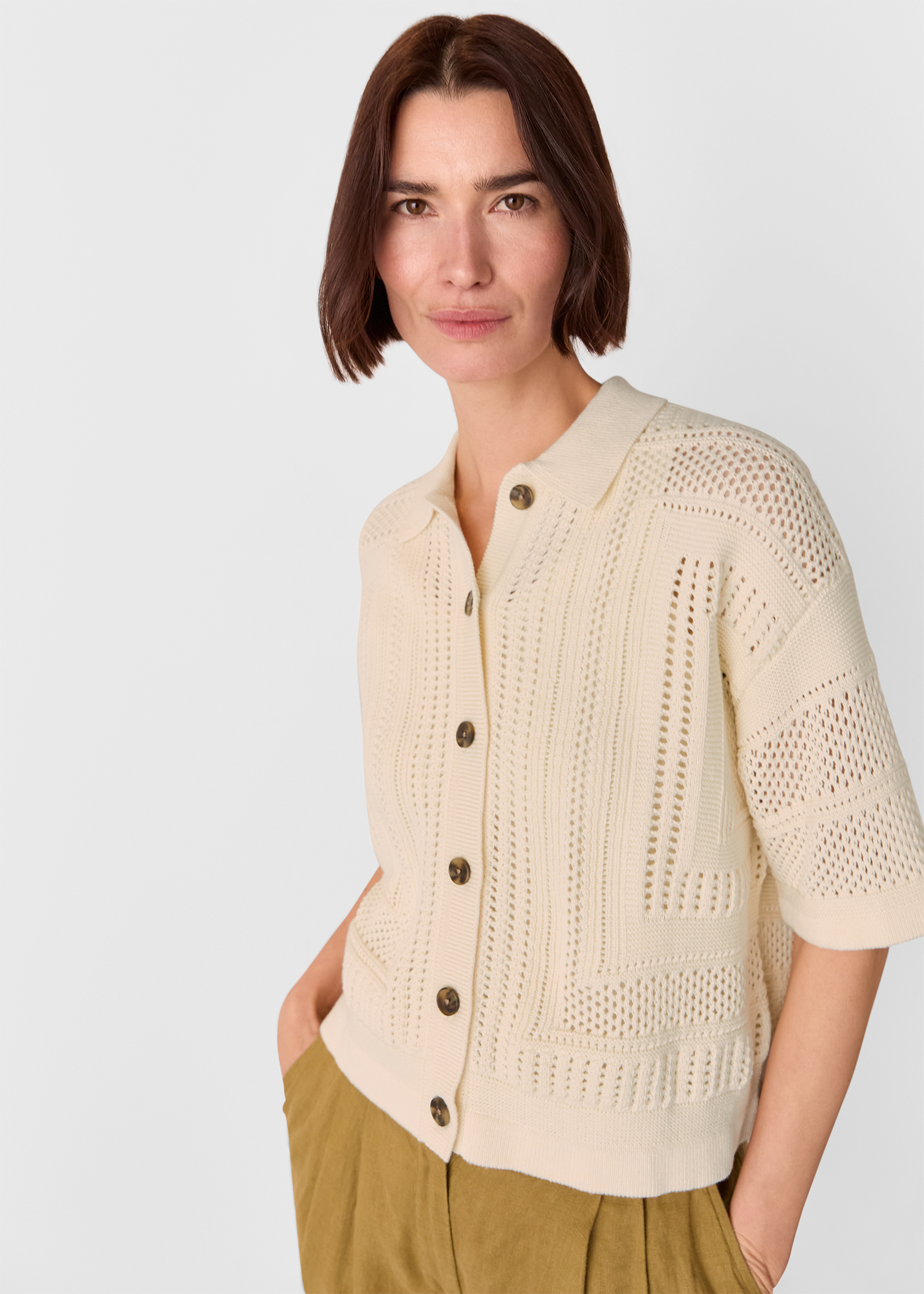 Whistles Women's Ivory Crochet Knitted Shirt Size L