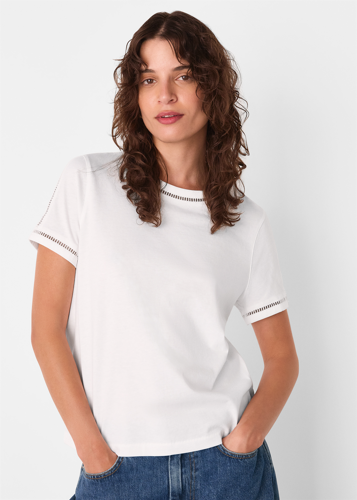 Whistles Women's White Broderie Trim Detail Tee Size M