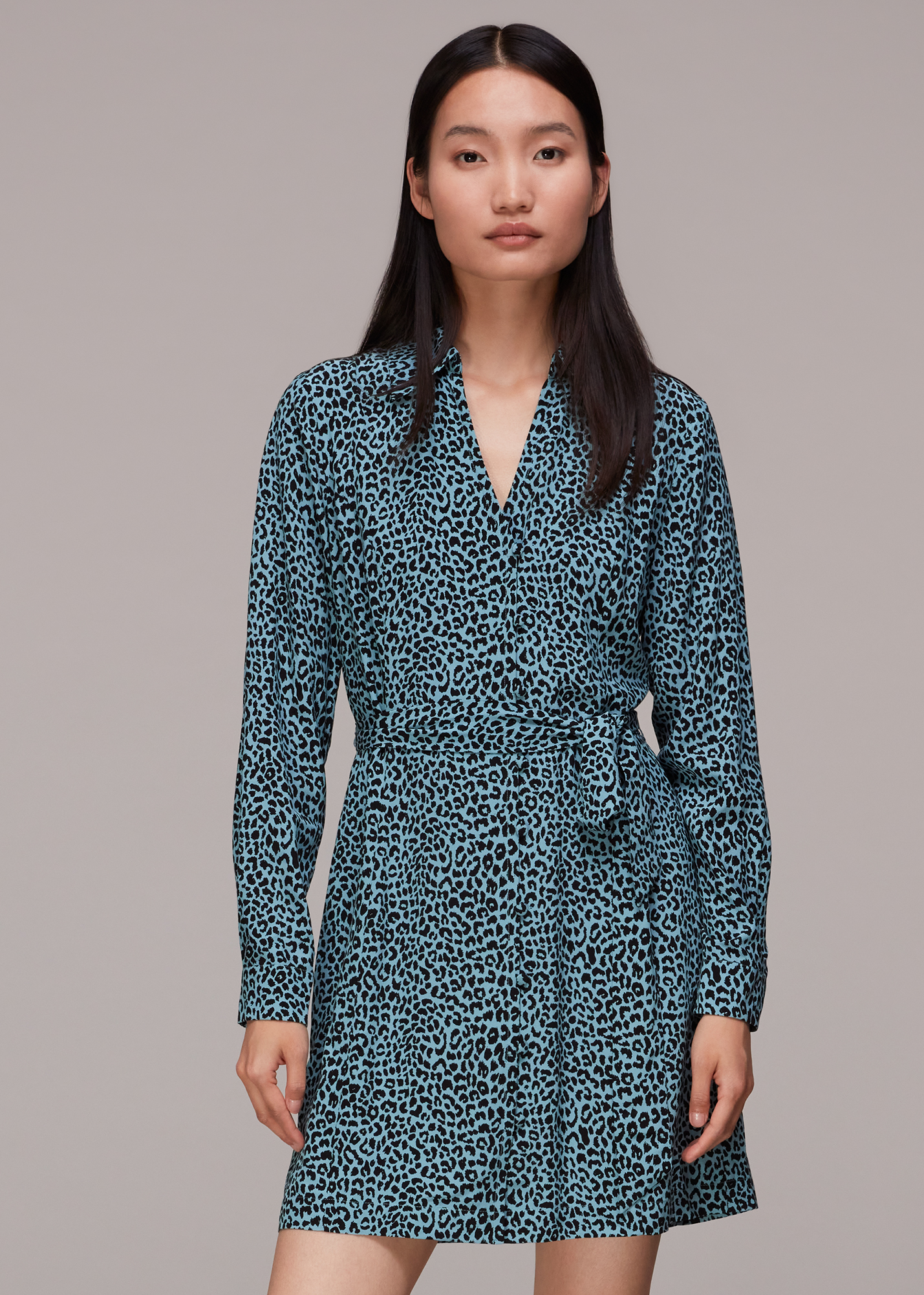 Whistles Women's Blue/Multi Contrast Leopard Belted Dress Size 20