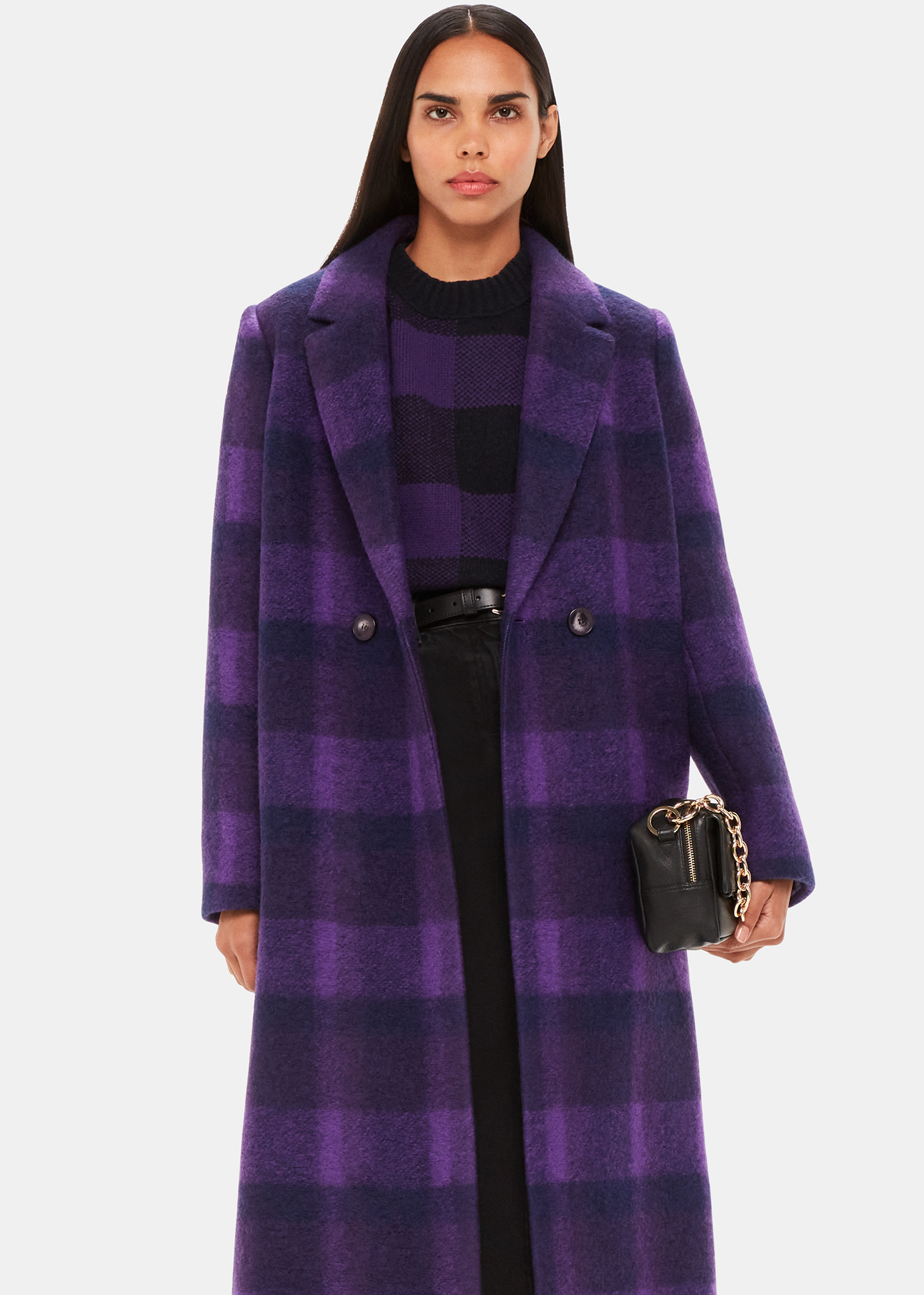 Whistles Women's Purple Camila Wool Check Coat Size 6