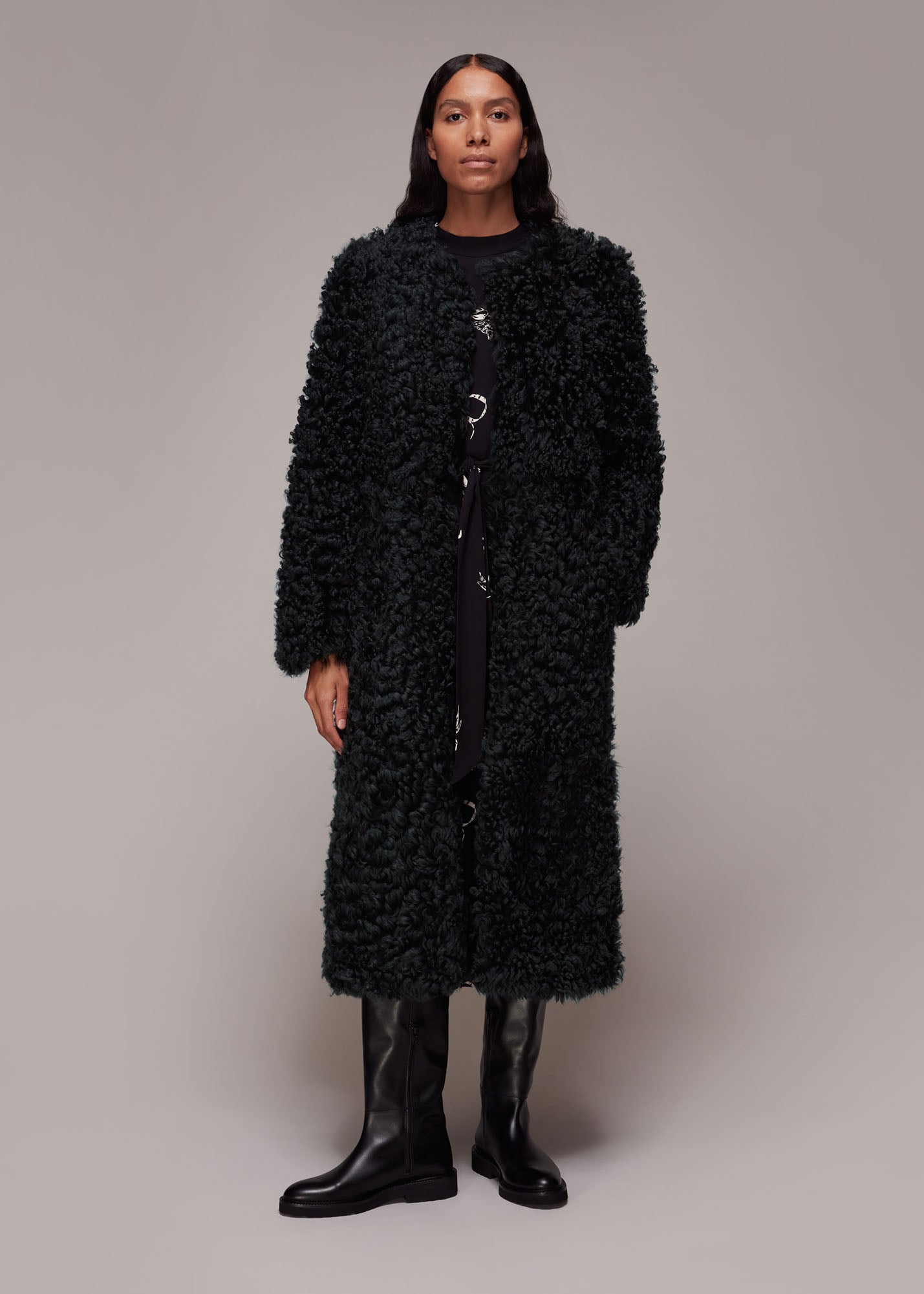 Whistles Women's Dark Grey Eliza Shearling Coat Size L