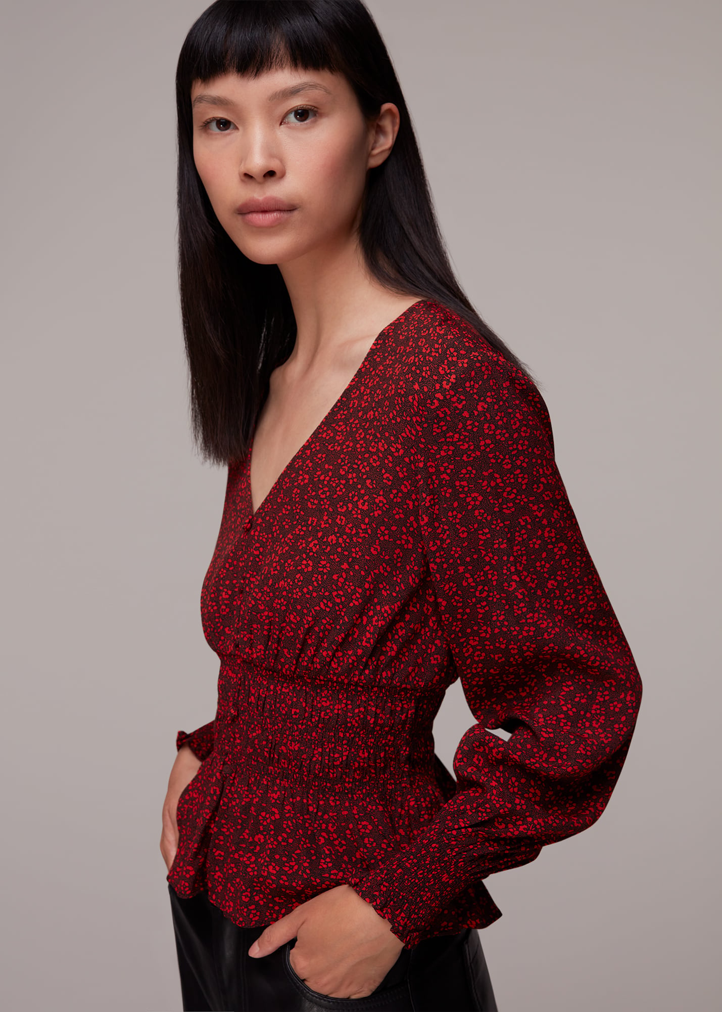 Whistles Women's Red/Multi Pansy Dot Jenny Peplum Top Size 16