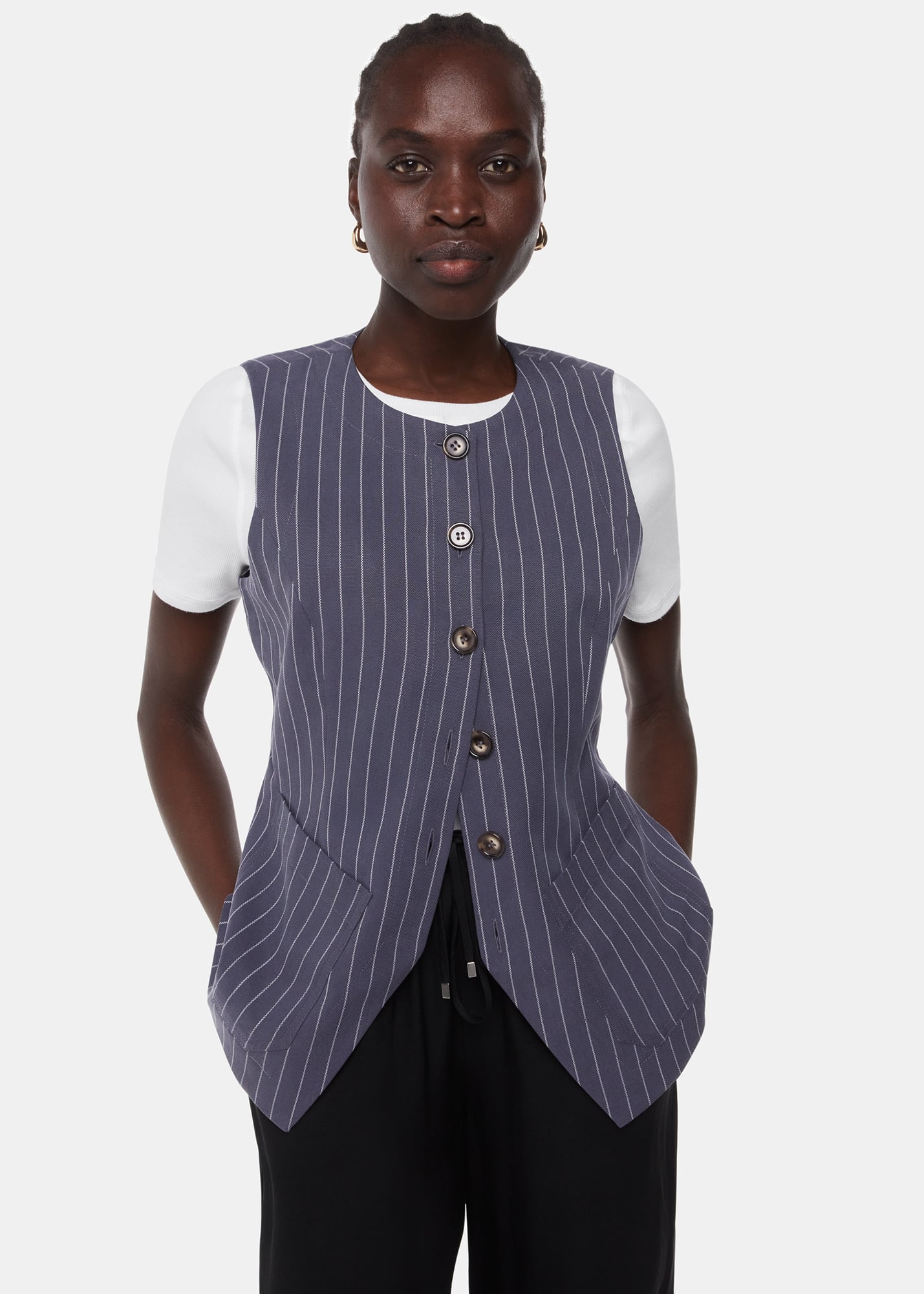 Whistles Women's Navy/Multi Lottie Pinstripe Waistcoat Size 18