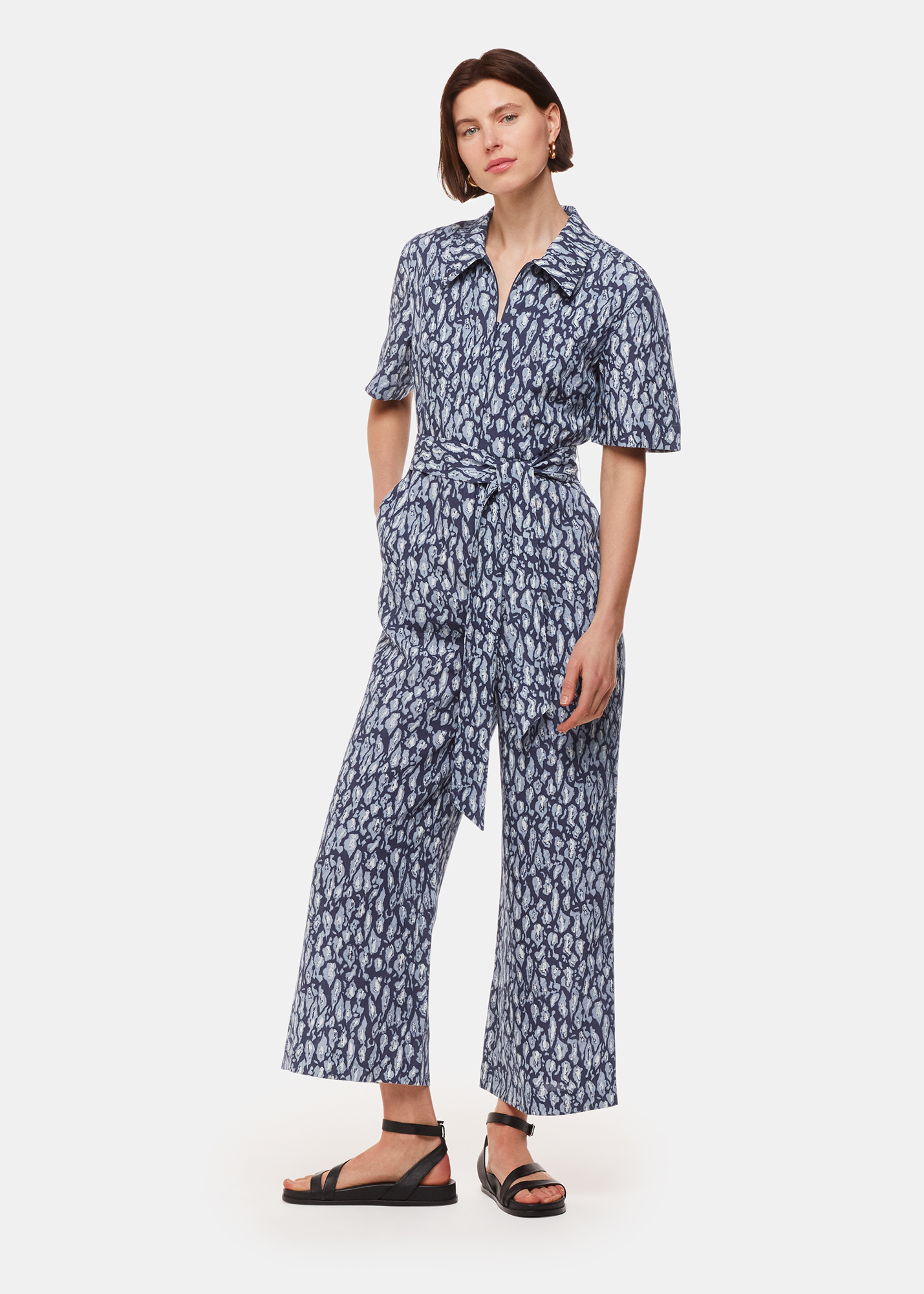 Whistles Women's Navy/Multi Leopard Linen Blend Jumpsuit Size 16