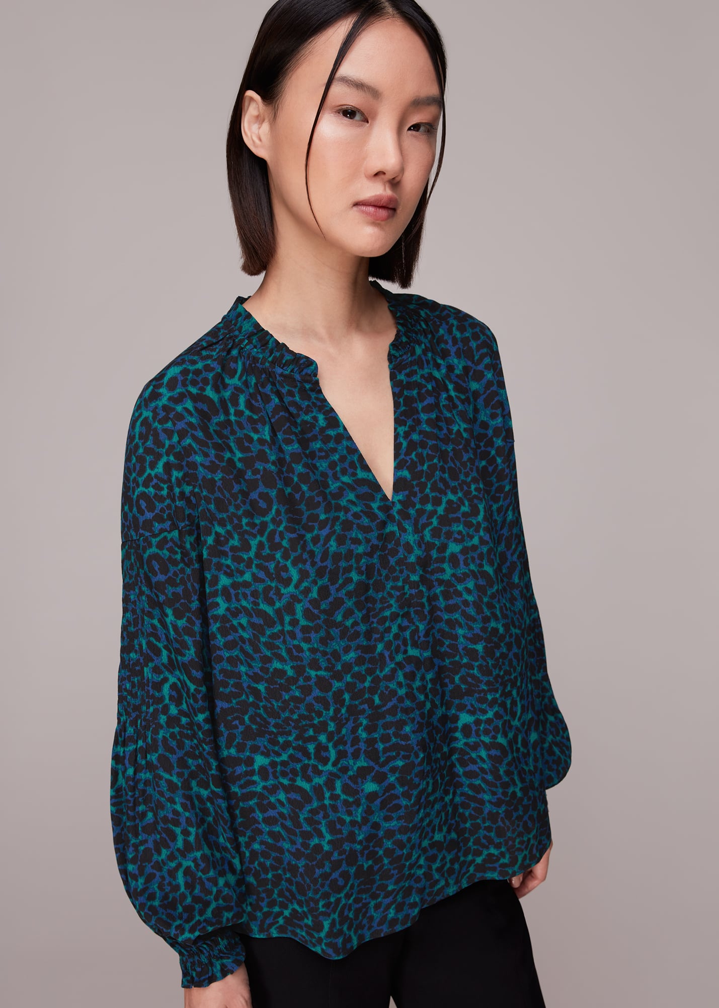 Whistles Women's Teal/Multi Forest Leopard Blouse Size 4