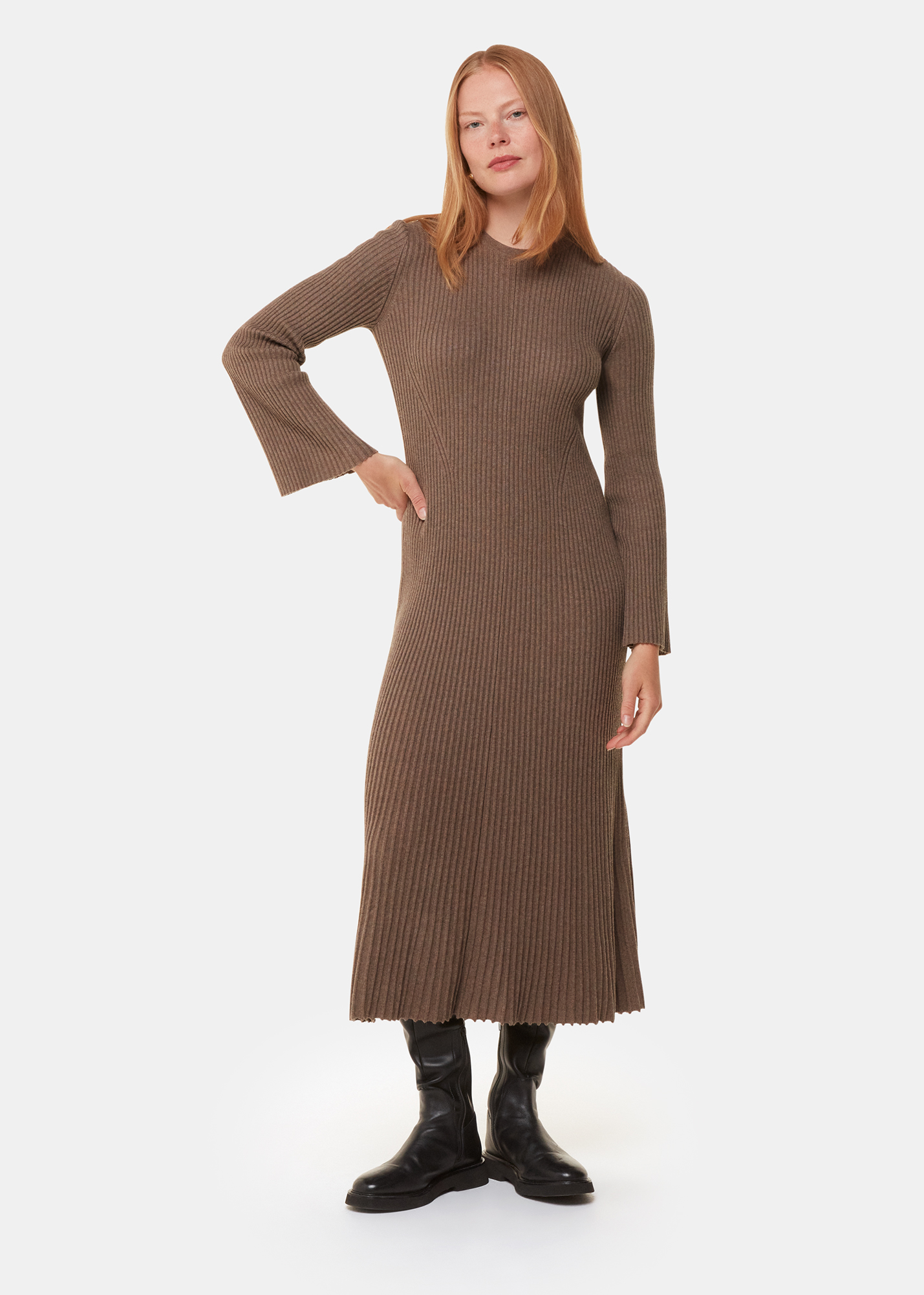 Whistles Women's Taupe Willow Ribbed Knit Dress Size 12